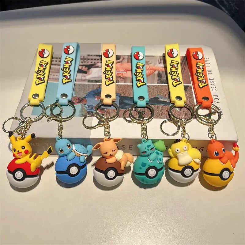 Cute Pokemon Pokeball Keychain Pikachu Eevee Charmander Bulbasaur Psyduck Squirtle 3D PVC Figure Key Ring Bag Pendant Anime Gift