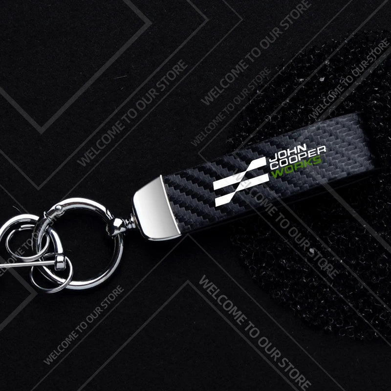 1PCS Car Keychain New JCW Logo For Mini Cooper S F54 F55 F56 F57 R58 R59 Widget Ornaments Metal Carbon Fiber Leather Key Chain