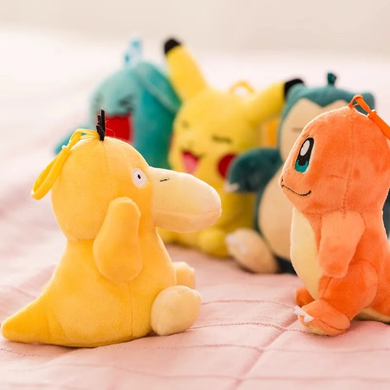 Anime Pokemon Kawaii Pikachu Keychain Eevee Mew Bulbasaur Charmander Snorlax Psyduck Stuffed Toy Cute Plush Keyring Doll Pendant
