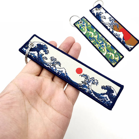 JDM Keychain Hokkaido Waves Fashion Tags Embroidered Short Cloth  Auto Holder KeyRing For Sea Sun Honda Toyota Auto Pendant
