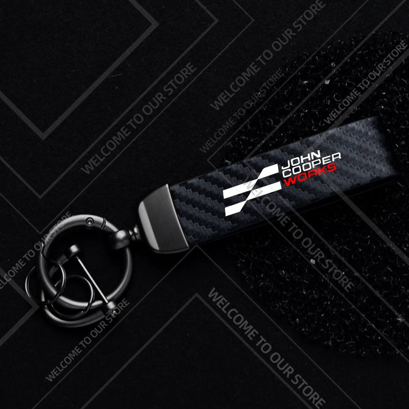 1PCS Car Keychain New JCW Logo For Mini Cooper S F54 F55 F56 F57 R58 R59 Widget Ornaments Metal Carbon Fiber Leather Key Chain