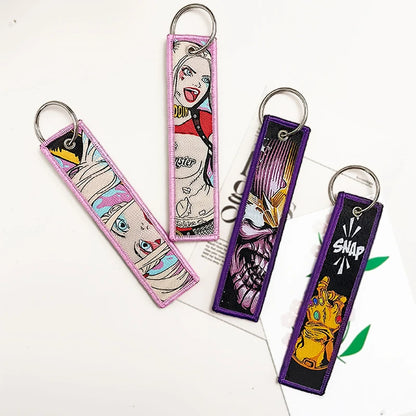 Embroidery Cool Keychain Motorcycles Cars Chaveiro American comics Manga Series Holder Pendant Portable Key Lanyard Accessories