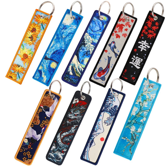 Van Gogh Key Tags Dragon Embroidery Key Fobs Art Waves Keychain for Car Motorcycles Cosplay Accessories Toys Gifts