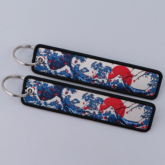 Japanese Waves Embroidery Key Fobs Art Key Tags Keychains for Motorcycles Cars Key Rings Accessories Chaveiro Key Holder Jewelry
