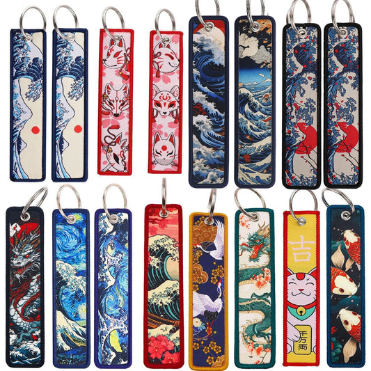 Japanese-Style Wave Woven Label Keychain, Koi Fish Pendant, Chinese-Style Crane, Student ID Card Pendant, Fabric Keychain