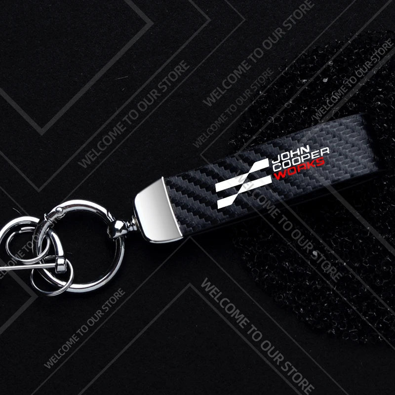 1PCS Car Keychain New JCW Logo For Mini Cooper S F54 F55 F56 F57 R58 R59 Widget Ornaments Metal Carbon Fiber Leather Key Chain