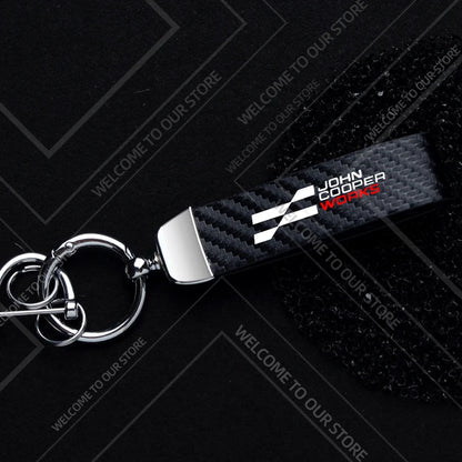 1PCS Car Keychain New JCW Logo For Mini Cooper S F54 F55 F56 F57 R58 R59 Widget Ornaments Metal Carbon Fiber Leather Key Chain