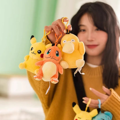 Anime Pokemon Kawaii Pikachu Keychain Eevee Mew Bulbasaur Charmander Snorlax Psyduck Stuffed Toy Cute Plush Keyring Doll Pendant
