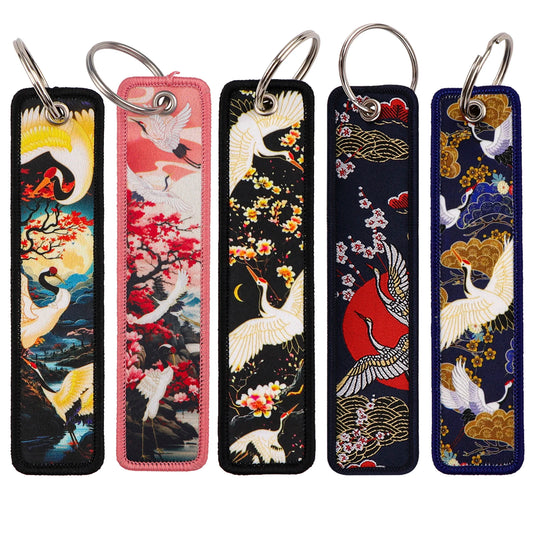 Crane Embroidery Key Tag For Motorcycles Cars Backpack Chaveiro Keychain Fashion Keyring Gift Key Ring for Men Women Accessories