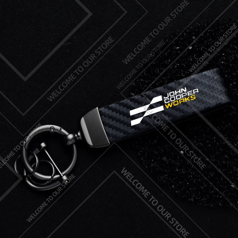 1PCS Car Keychain New JCW Logo For Mini Cooper S F54 F55 F56 F57 R58 R59 Widget Ornaments Metal Carbon Fiber Leather Key Chain