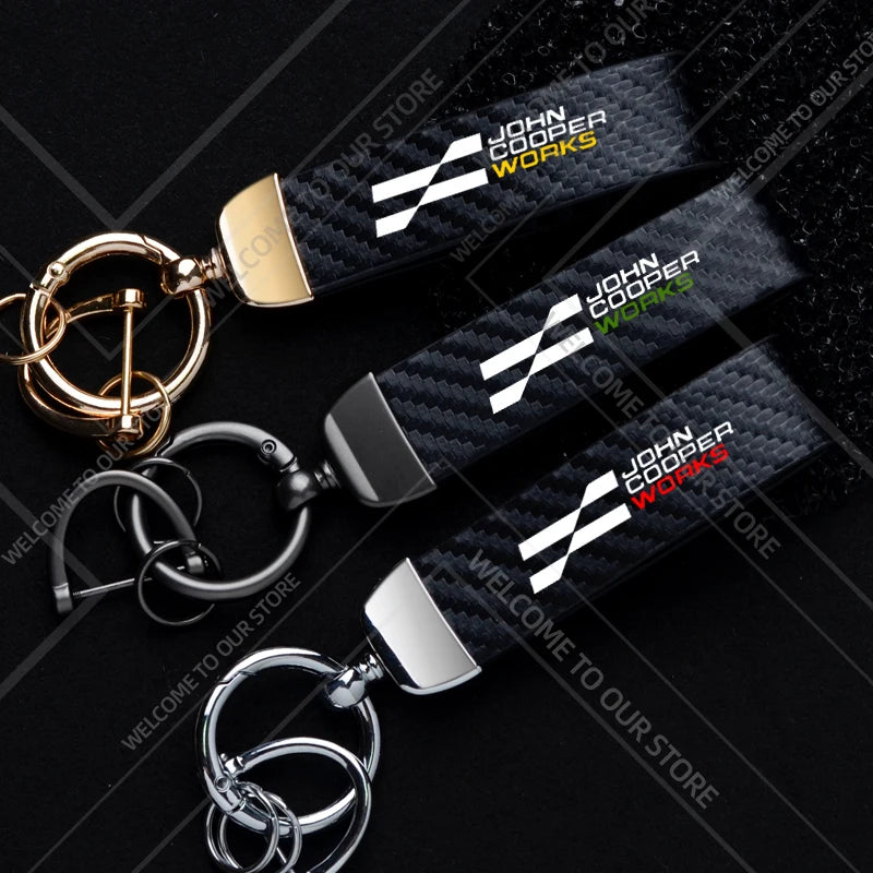 1PCS Car Keychain New JCW Logo For Mini Cooper S F54 F55 F56 F57 R58 R59 Widget Ornaments Metal Carbon Fiber Leather Key Chain