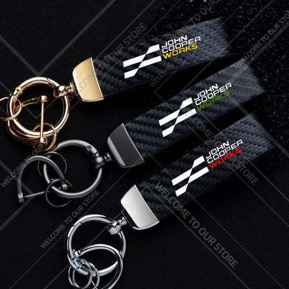 1PCS Car Keychain New JCW Logo For Mini Cooper S F54 F55 F56 F57 R58 R59 Widget Ornaments Metal Carbon Fiber Leather Key Chain