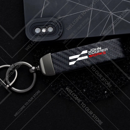 1PCS Car Keychain New JCW Logo For Mini Cooper S F54 F55 F56 F57 R58 R59 Widget Ornaments Metal Carbon Fiber Leather Key Chain